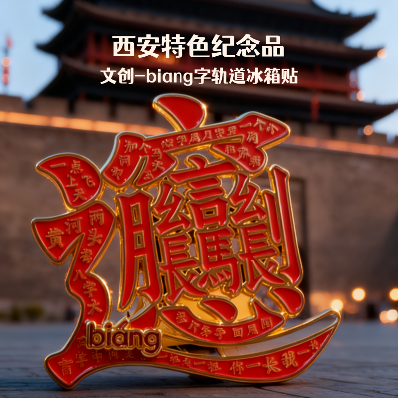 西文创城市打卡biang字轨道可滑动金属冰箱贴旅游纪念品 招财进宝