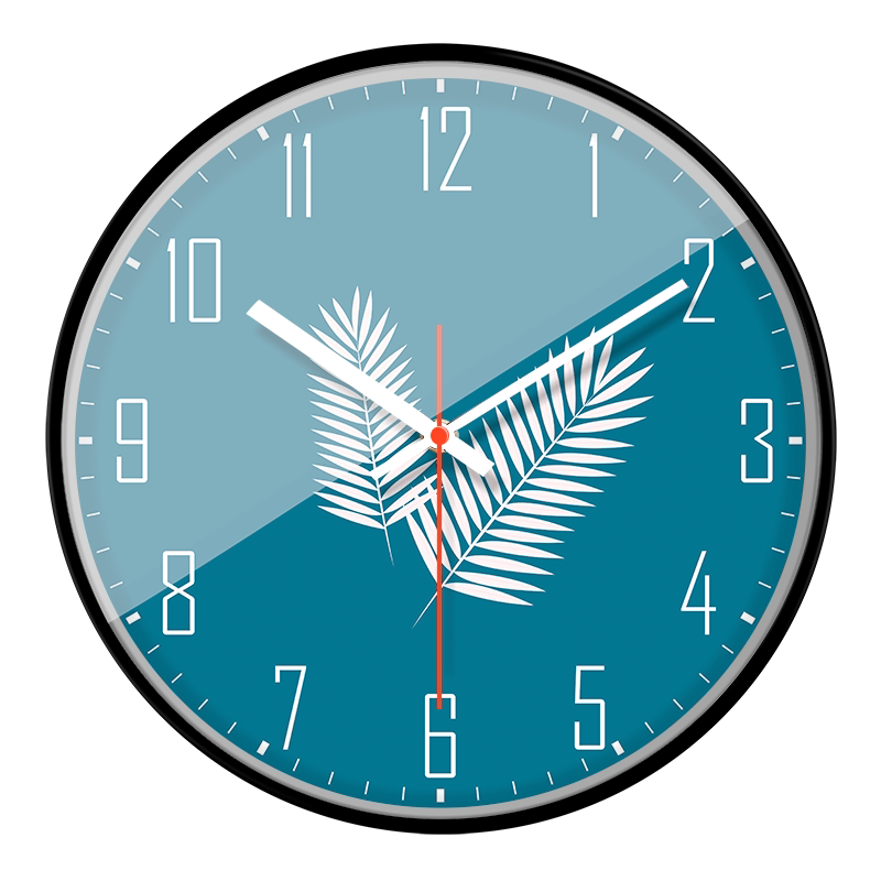 12寸细边框红色秒针挂钟客厅挂表现代简约树叶时钟北欧静音壁挂