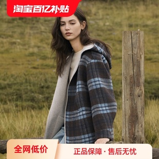 ELLE格纹两面穿连帽毛呢短外套女2025冬绵羊毛双面呢大衣 自营