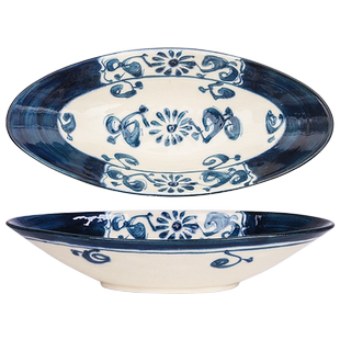 【自营】宗山窑日本进口陶瓷鱼盘釉下彩日式沙拉水果盘子唐草蓝菊