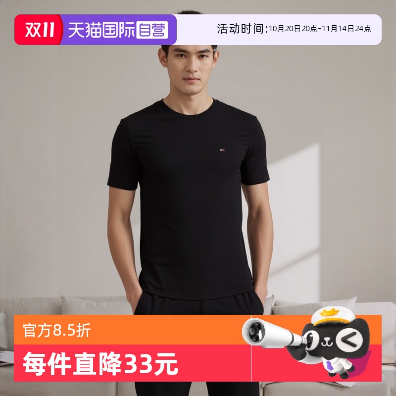 汤米宽松圆领休闲打底衫男潮短袖