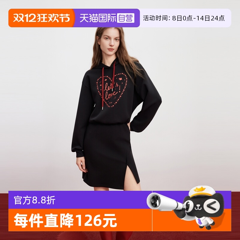 ELLE法式连帽印花连衣裙女