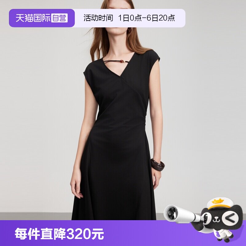 ELLE黑色串珠修身V领连衣裙图片