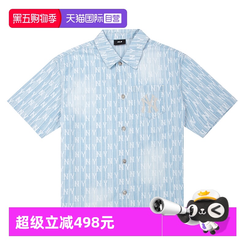 【自营】MLB衬衫短袖男装女装夏日沙滩情侣装翻领休闲服牛仔外套