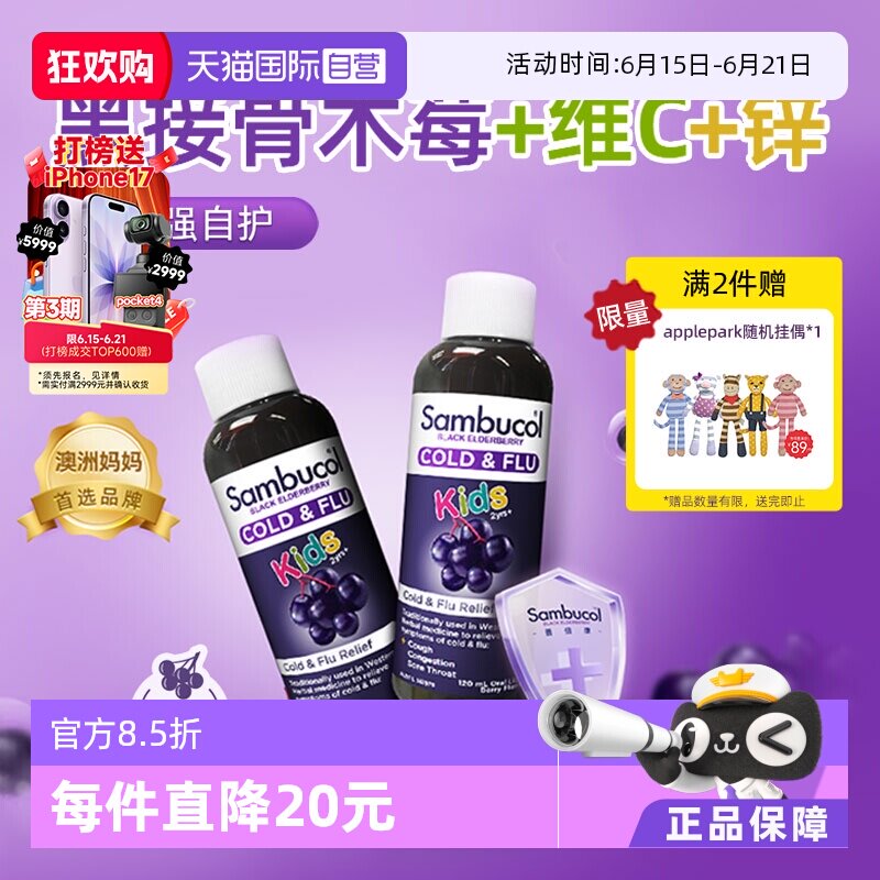 【自营】Sambucol善倍康 儿童自护力糖浆黑接骨木VC补锌120ml*2瓶