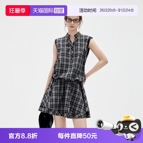 ELLE复古格纹花苞连衣裙