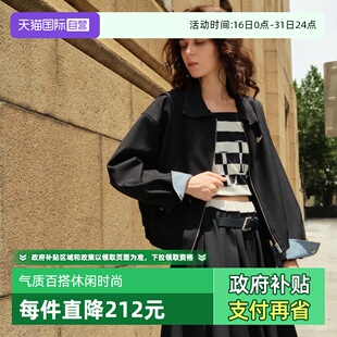 时尚 新款 ELLE格纹撞色拼接翻领短外套女2025秋季 夹克上衣 自营