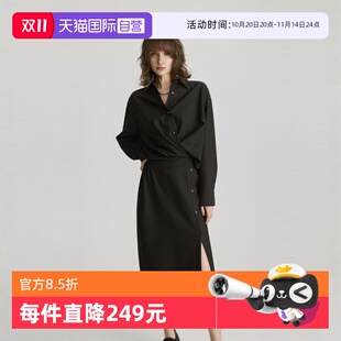 新款 连衣裙女2024冬季 ELLE黑色设计感衬衫 收腰显瘦小众裙 自营