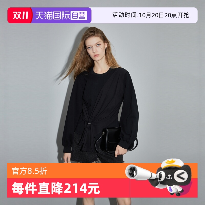 ELLE黑色设计感褶皱圆领卫衣女