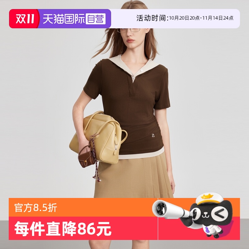 ELLE法式假两件连帽短袖