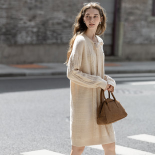 唐狮2026秋冬季毛衣裙女甜美领口绑带设计感秋季穿搭长袖连衣裙