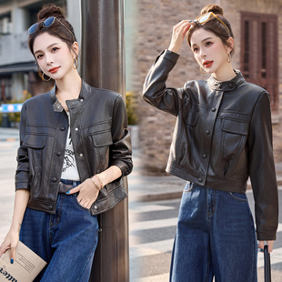 皮衣女2026新款今年流行爆款短款女装小个子气质干练立领皮上衣