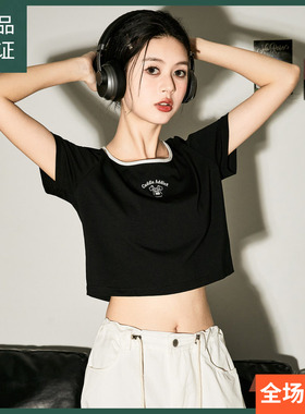 唐狮2024新款T恤女夏季环球爱宠大机密撞色U领简约正肩短袖sz