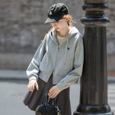 yoe2026年秋季新款连帽卫衣女灰色休闲运动美式短款拉链开衫外套
