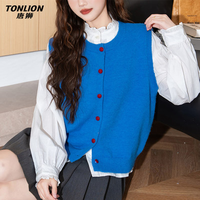 唐狮撞色纽扣设计圆领开衫时尚流行马甲女款2026新款针织开衫