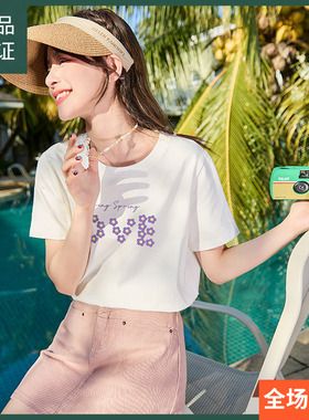 唐狮2024夏新款圆领短袖女花卉字母甜美别致设计感T恤宽松上衣sz