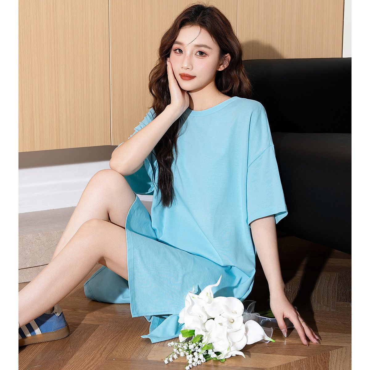 唐狮夏季连衣裙2026新款女短袖t恤女裙宽松甜美裙子女夏天气质w6