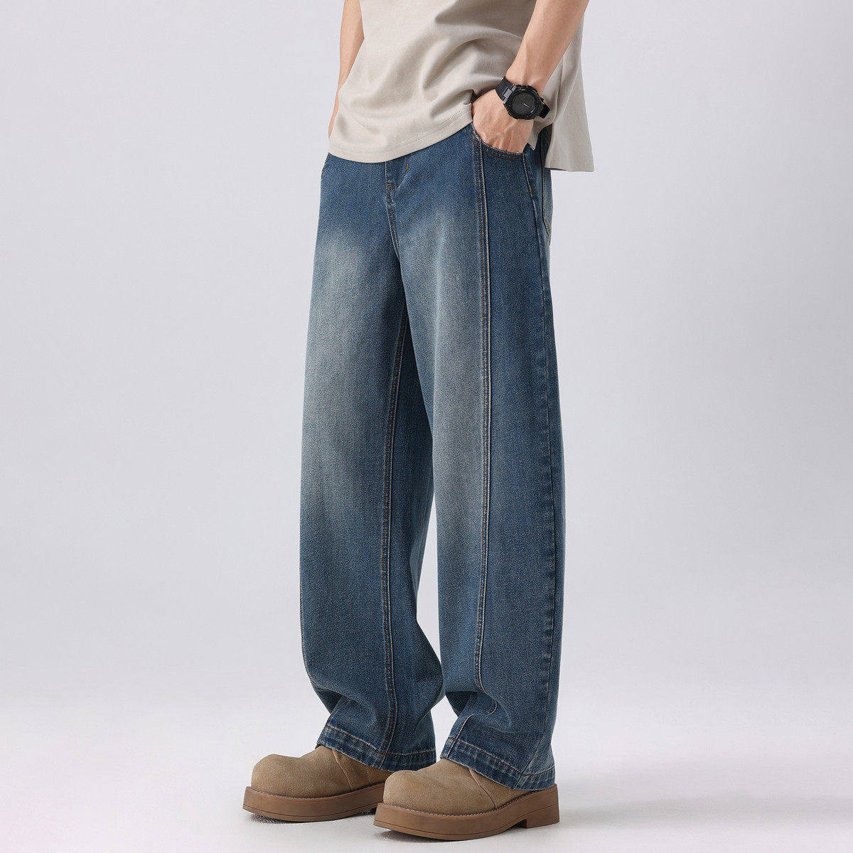 唐狮2026春秋新款男装牛仔长裤弯刀裤潮流款街头休闲裤子美式复古