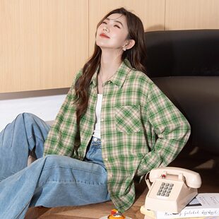唐狮2026新款长袖格子衬衫女绿色格纹翻领复古百搭休闲上衣bl
