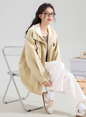 唐狮2026年秋季新款假两件连帽风衣女休闲小个子宽松显瘦拉链外套