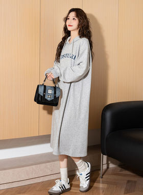 唐狮连帽加绒卫衣裙女长款连衣裙秋冬款宽松长袖针织裙休闲裙子y1