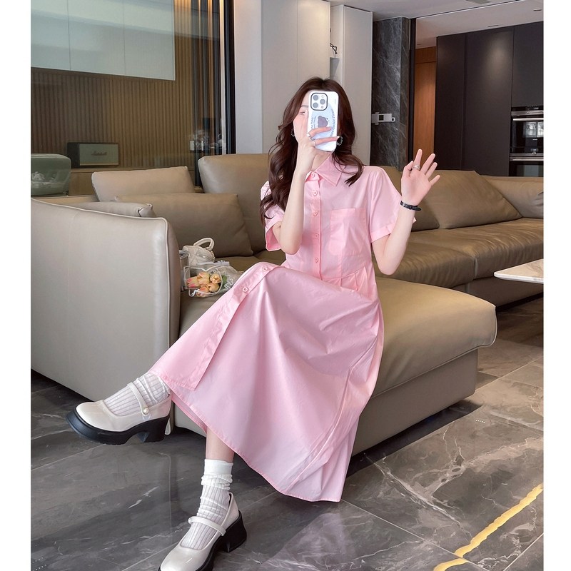 唐狮多巴胺粉色翻领短袖衬衫连衣裙女夏季新款长裙法式气质女装t1