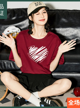唐狮红色短袖T恤女宽松2024春夏季新款设计感小众印花体恤上衣sz
