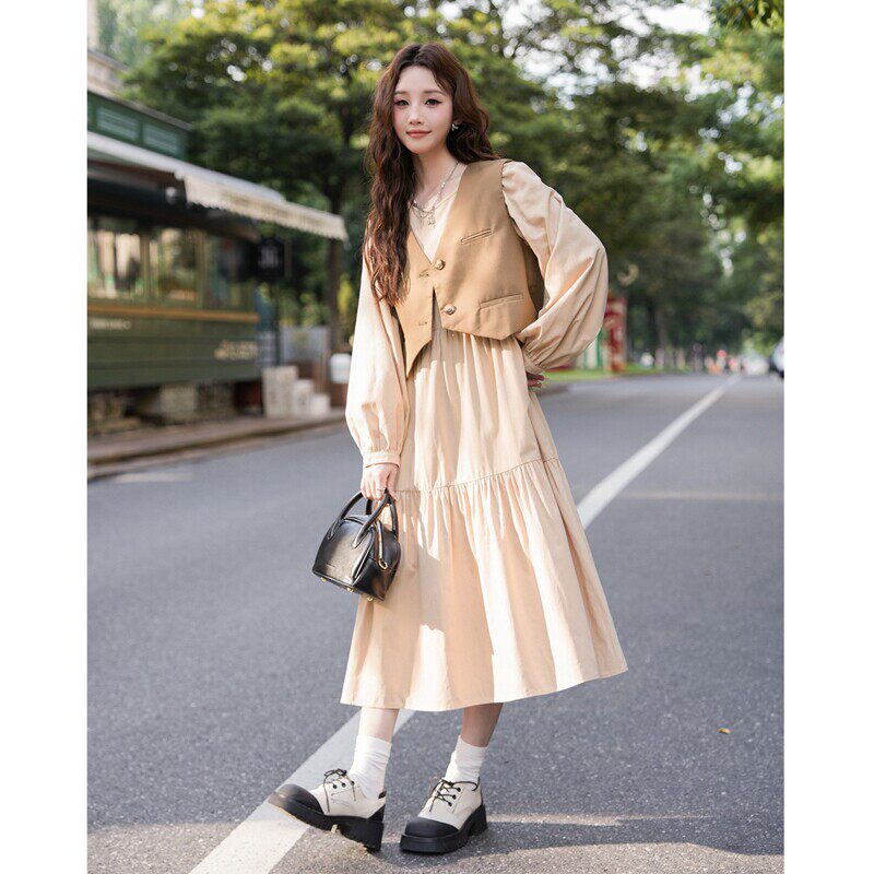 唐狮复古西装马甲入秋连衣裙两件套长袖气质女装长裙韩系一整套y4