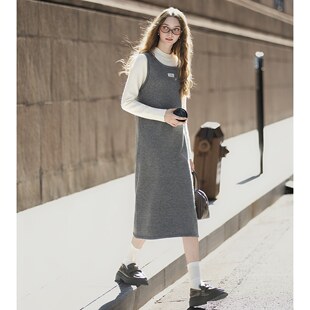 唐狮2026春秋季半高领长袖连衣裙女净色软糯百搭甜美超好看长裙