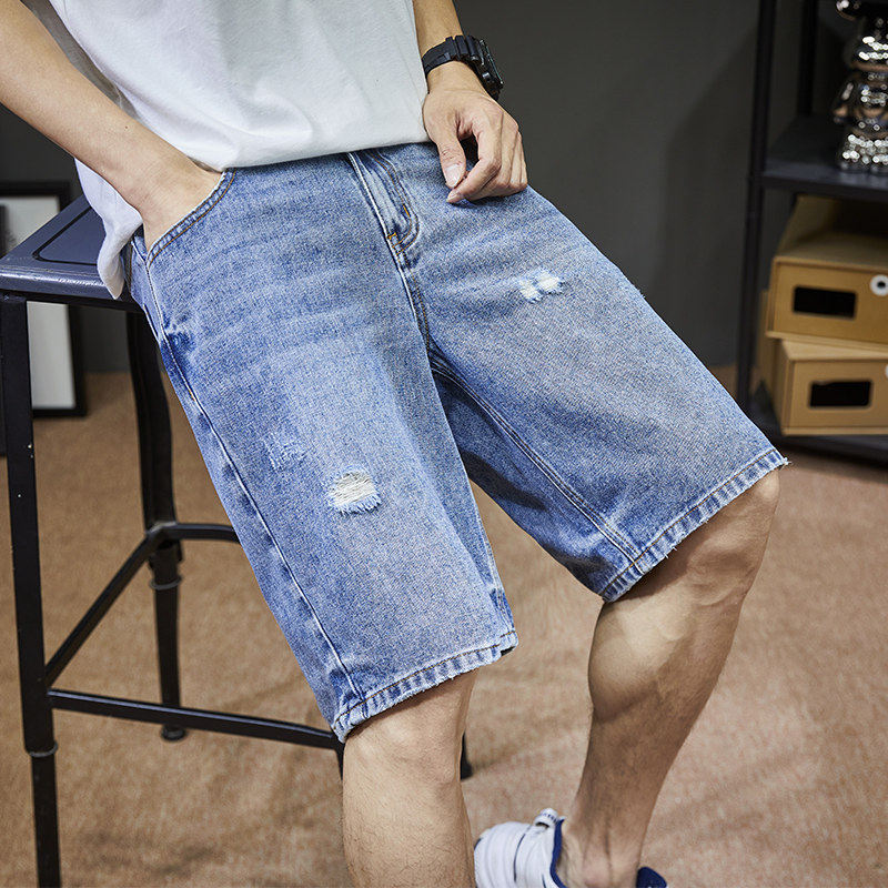 唐狮23春夏季新款牛仔短裤男宽松破洞潮流直筒个性五分中裤子男