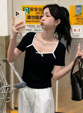唐狮短袖T恤女2026新款夏季针织小方领蝴蝶结上衣女设计感小众sz