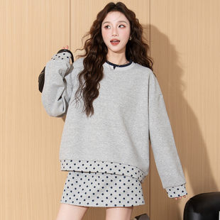 唐狮2026春季新款女套装圆领卫衣长袖宽松波点短裙上下两件套休闲