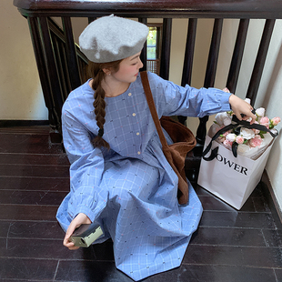 春装女2026年新款轻奢高级感连衣裙格子长袖系带连衣裙学院风