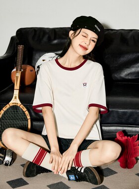 唐狮2026夏季新款女短袖撞色T恤简约熊猫绣花休闲宽松上衣sz