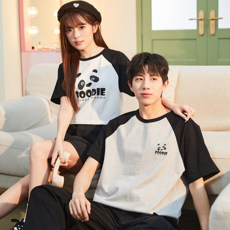 唐狮2026夏季情侣装短袖t恤男插肩袖撞色拼接短款女T恤上衣宽松潮