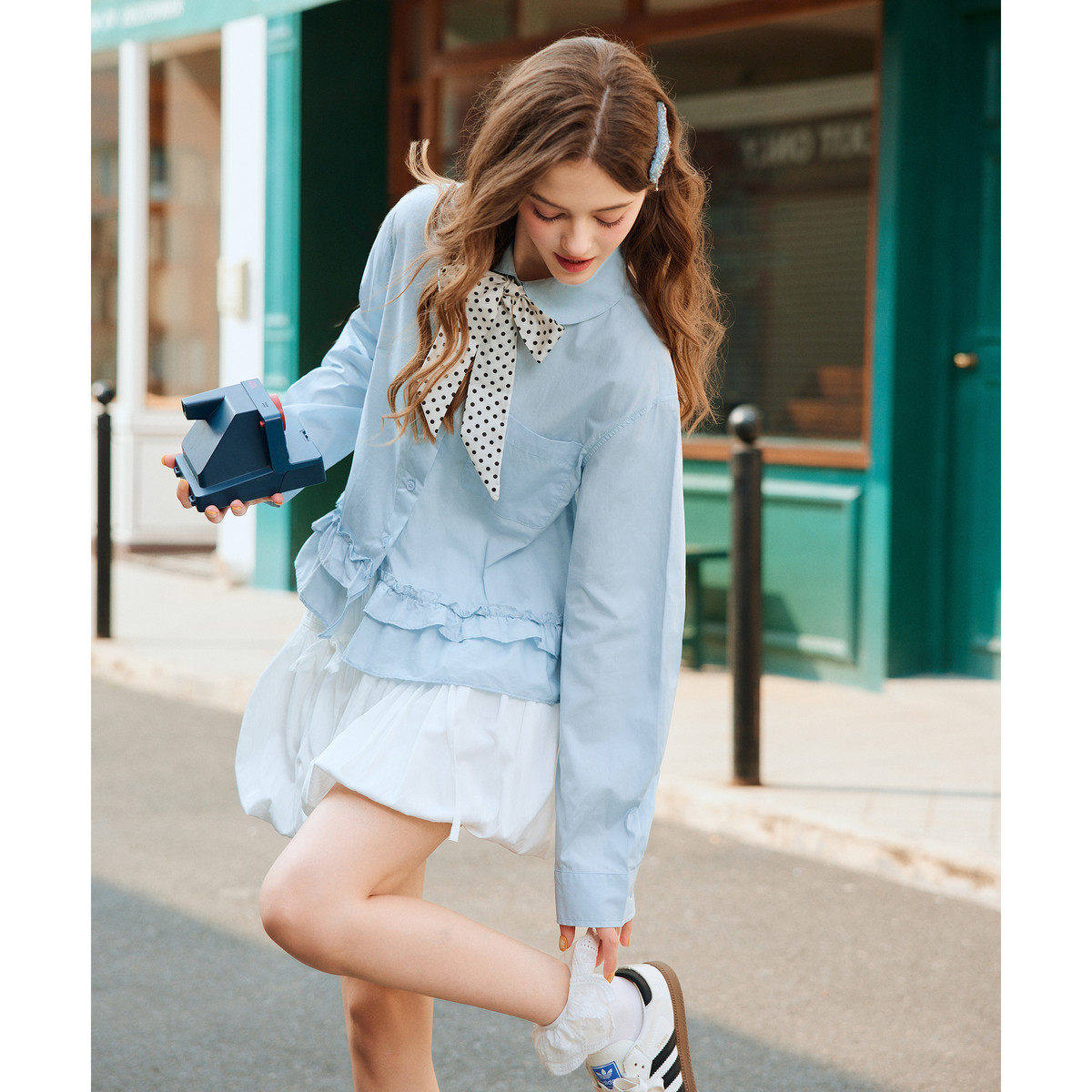 唐狮2026秋冬女净色长袖衬衫蝴蝶结减龄翻领荷叶边韩版甜美温柔风