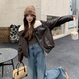 皮衣外套2026新款今年流行爆款女装羊羔毛领撞色加绒保暖皮棉外套