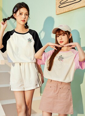 唐狮短袖t恤女2026新款爆款夏趣味粉龙插肩小众设计感宽松上衣sz