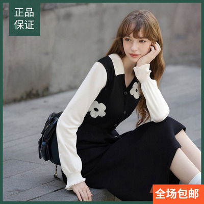 唐狮女装秋冬季连衣裙女V领假两件拼接长裙消化设计少女感温柔系