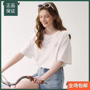 唐狮2026春夏季新款短袖T恤女图案印花宽松白色纯棉夏日小个子