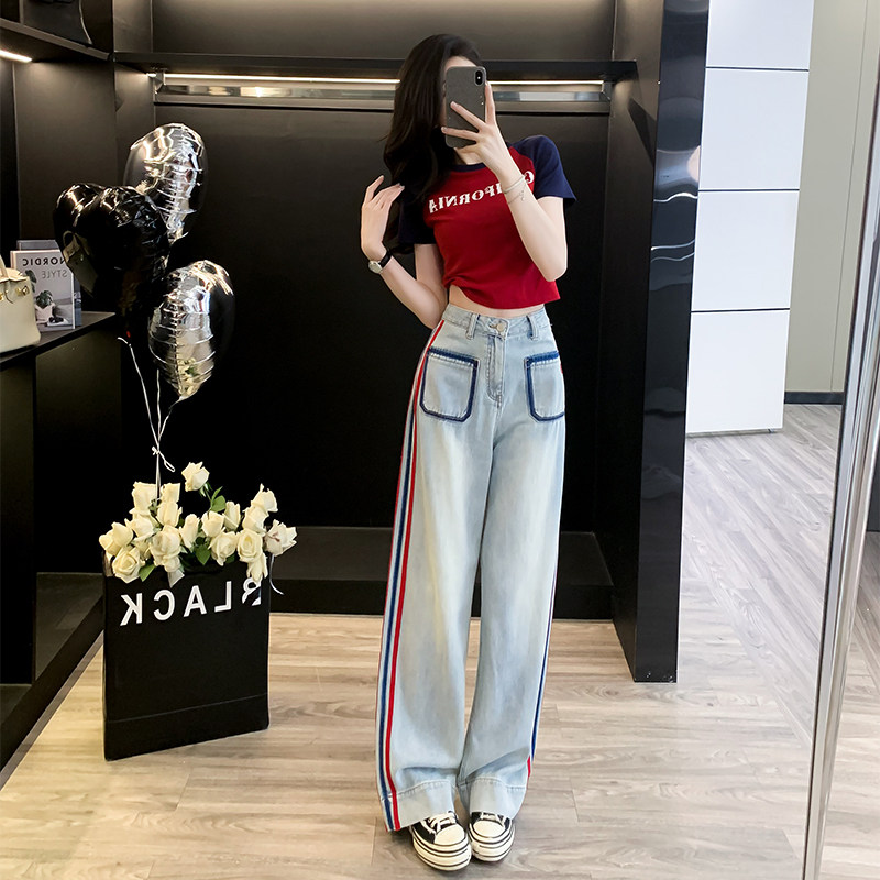 网红爆款洋气短袖印花T恤女装时尚套装休闲直筒牛仔裤气质两件套