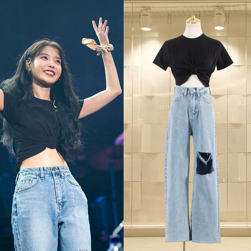 短款上衣配高腰裤子夏季新款韩国版破洞牛仔裤女iu李知恩同款套装