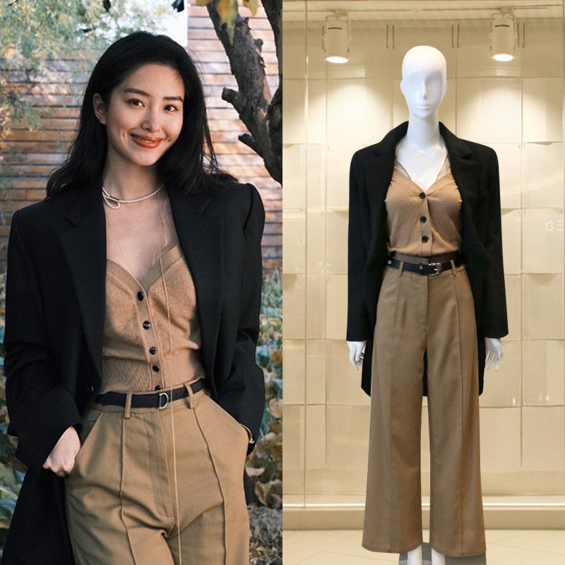 明星杨采钰同款露肩毛衣加裤子两件套装时尚百搭网红套装减龄秋冬
