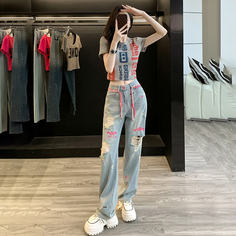 网红洋气破洞牛仔裤时尚休闲套装夏季新款高腰显瘦窄版直筒阔腿裤