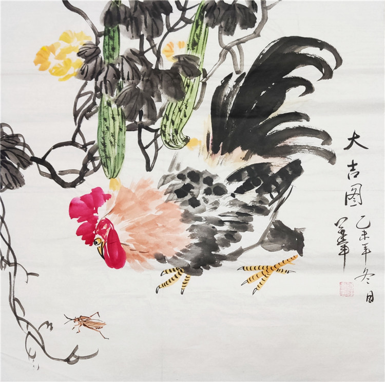 手绘国画大吉图公鸡段莲军四尺斗方花鸟画装饰风水画办公室客厅