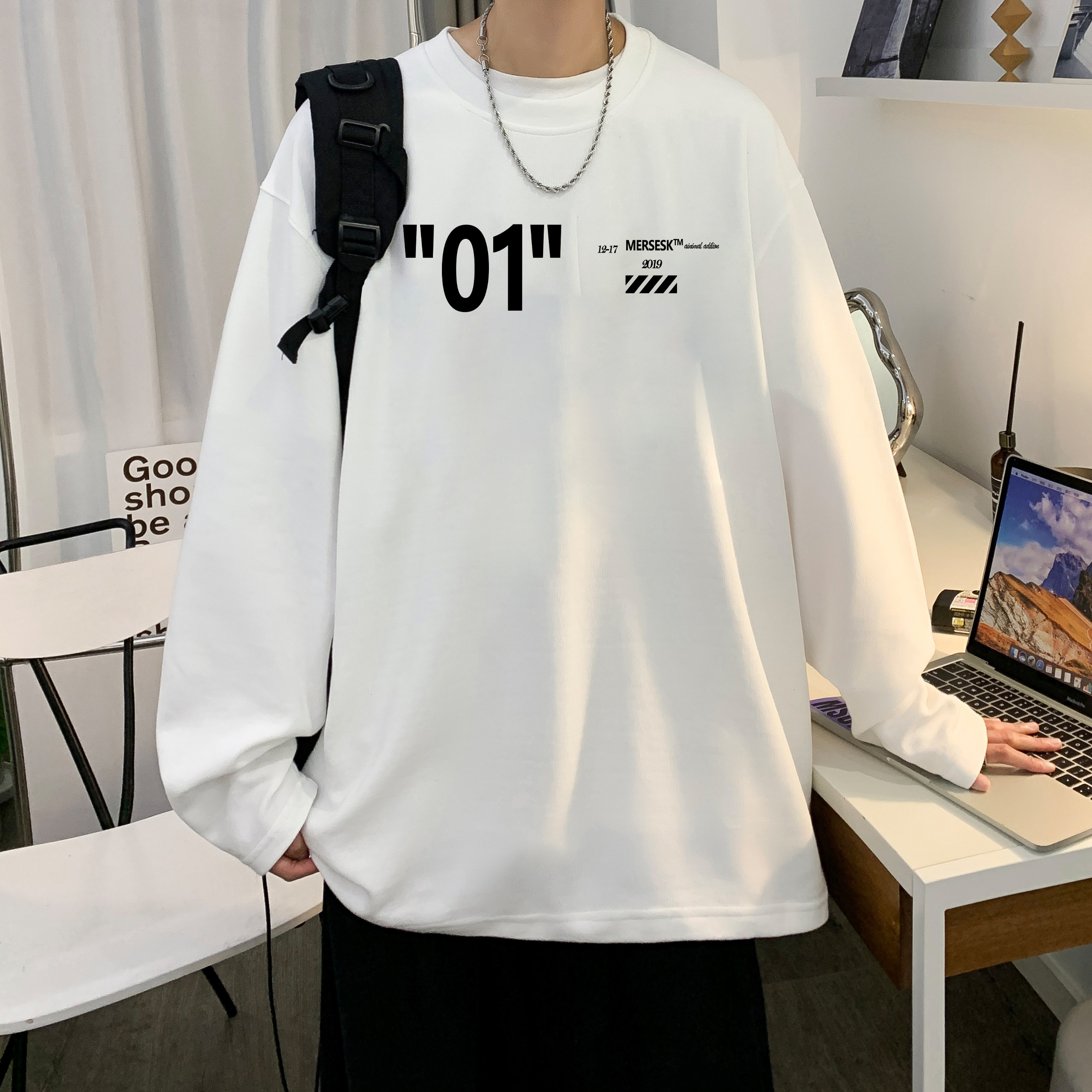 长袖T恤男士春秋季国潮百搭宽松薄款上衣情侣潮牌ins休闲圆领卫衣