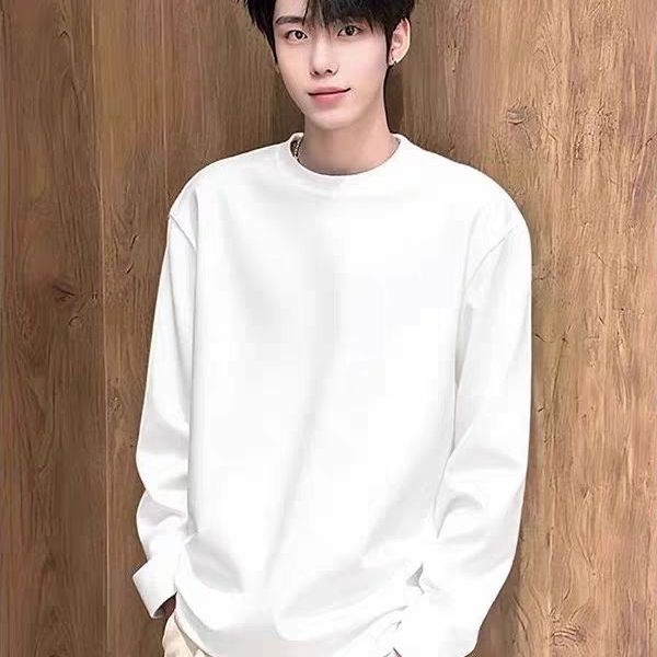白色长袖t恤男士2025秋季新款宽松百搭上衣ins潮牌情侣体恤打底衫