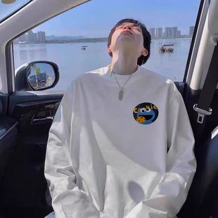 男士长袖t恤潮流男装秋季体桖圆领学生潮牌秋衣打底衫白色上衣服