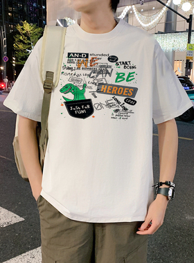 港风白色短袖t袖男生夏季新款ins潮牌潮流宽松学生休闲半袖上衣服