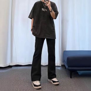 纯黑色高腰弯刀牛仔裤男款显腿长美式高街vibe裤子修身直筒微喇裤